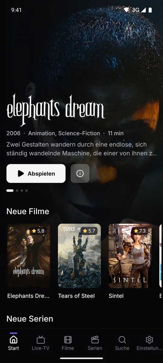 Ember auf einem Handy: die Startseite mit Filmen und Live-Sendern