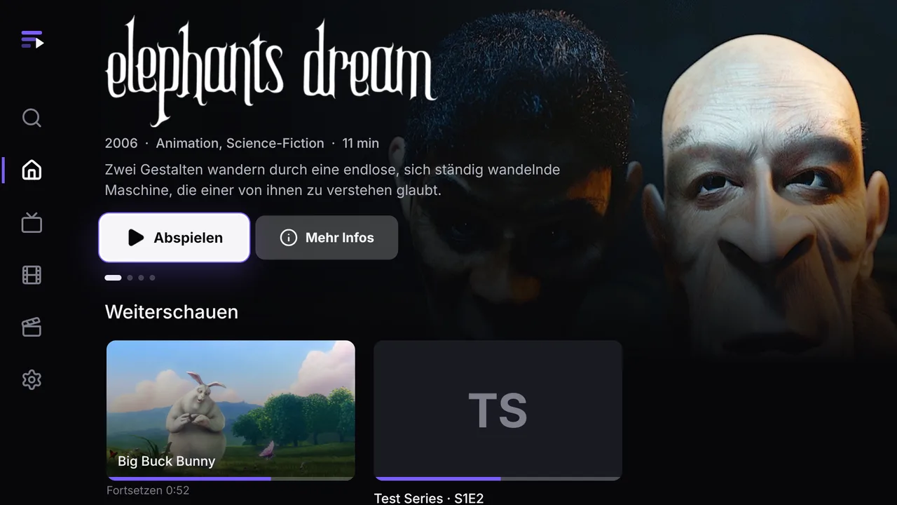 Ember auf einem Fernseher: die Startseite mit Filmen und Live-Sendern