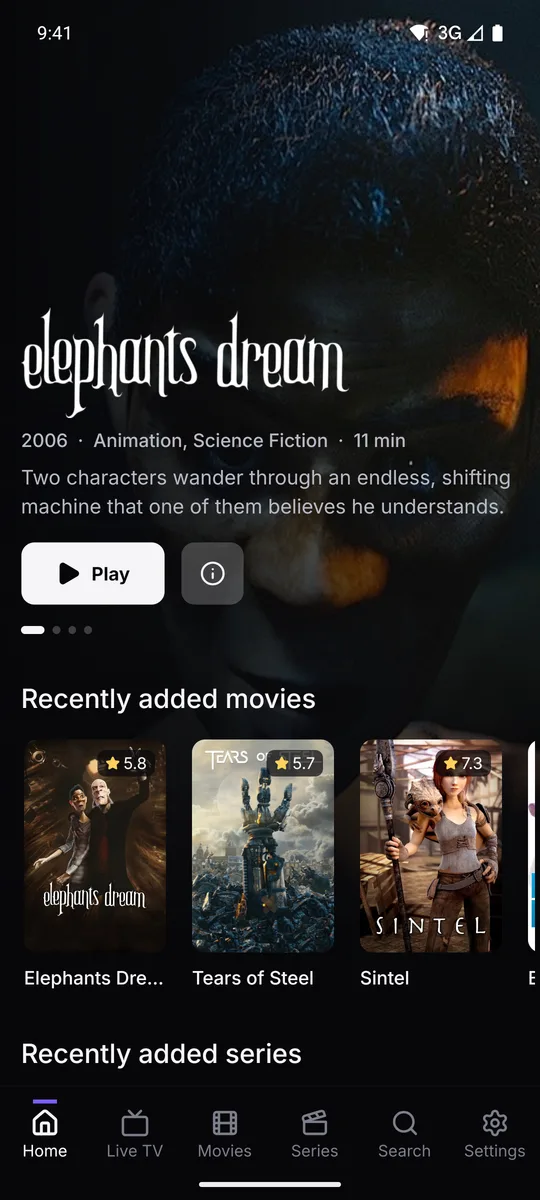Ember on a phone: the home screen with films and live channels
